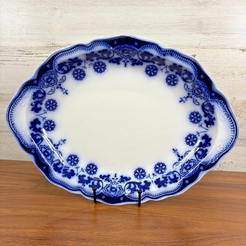 Antique Johnson Brothers Flow Blue Serving Platter 1899 14"‎ x 10" Cobalt Blue